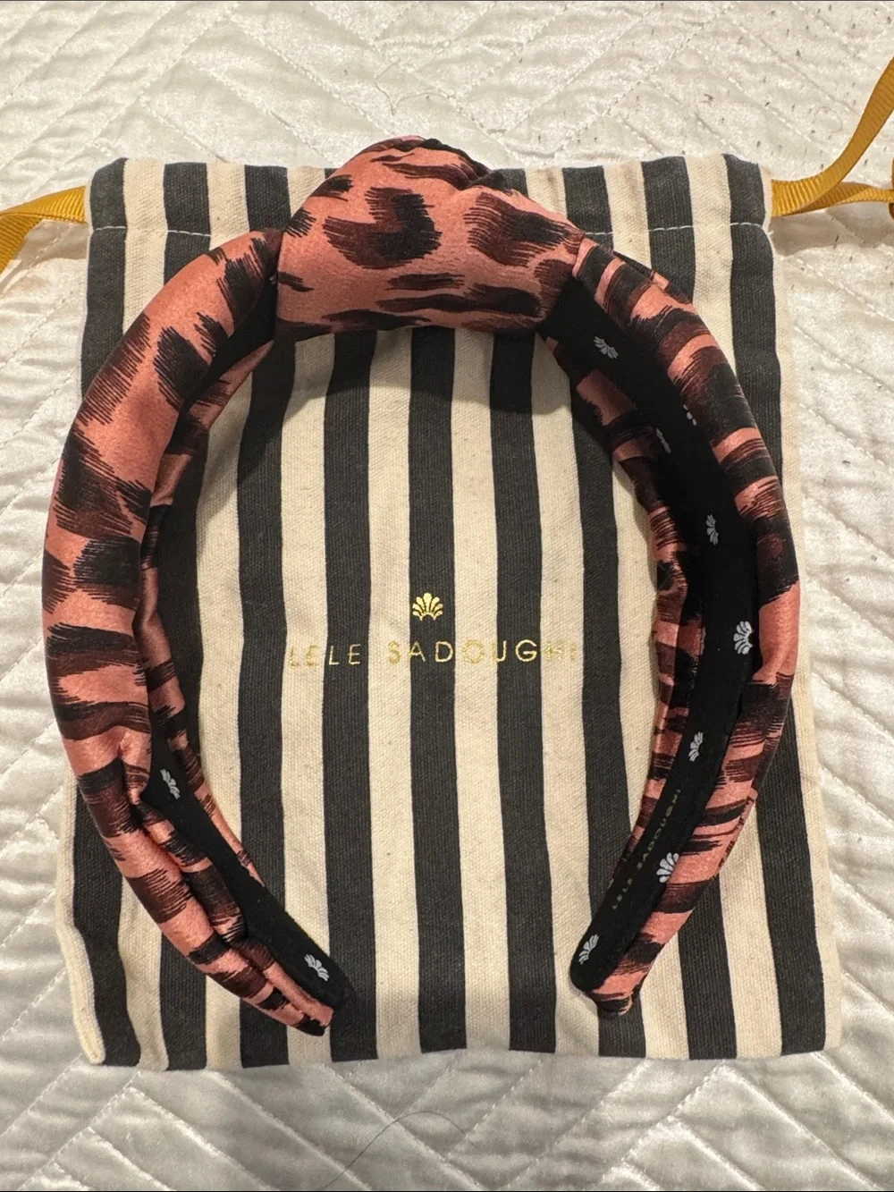 Lele Sadoughi Pink and Black Printed Padded Headband with dust bag